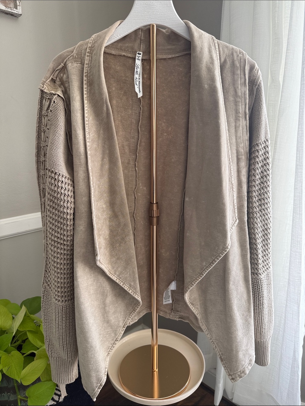 Leo & Nicole Taupe Open-Front Draped Cardigan